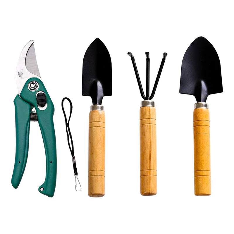 Oblivion Gardening Tool Set 4 Pcs – Pruner Shears, Hand Cultivator, Trowel & Fork with Wooden Handle for Planting, Weeding, Pruning & Soil Maintenance, Farming Equipment & Essential Garden Kit