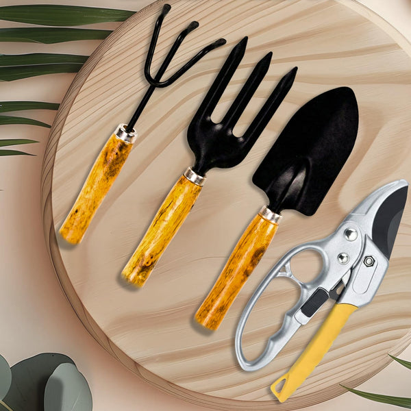 Oblivion Gardening Tool Set 4 Pcs – Pruner Shears, Hand Cultivator, Trowel & Fork with Wooden Handle for Planting, Weeding, Pruning & Soil Maintenance, Farming Equipment & Essential Garden Kit