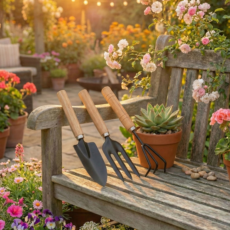 Oblivion Gardening Tool Set 4 Pcs – Pruner Shears, Hand Cultivator, Trowel & Fork with Wooden Handle for Planting, Weeding, Pruning & Soil Maintenance, Farming Equipment & Essential Garden Kit
